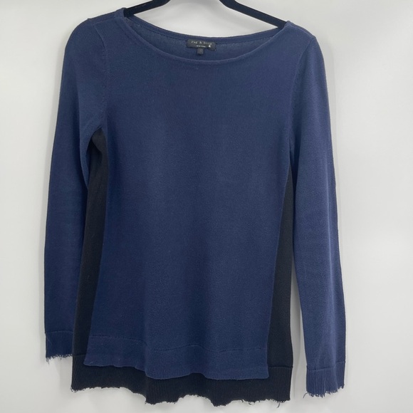 Rag & Bone Navy & Black Layered Hallie Raw Hem cashmere Long Sleeve Sweater xs - Picture 1 of 9